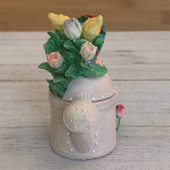 Vintage Bunny Rabbit Watering Can Lidded Trinket Box Tulips Roses Sun Bonnet Hat - Picture 9 of 16